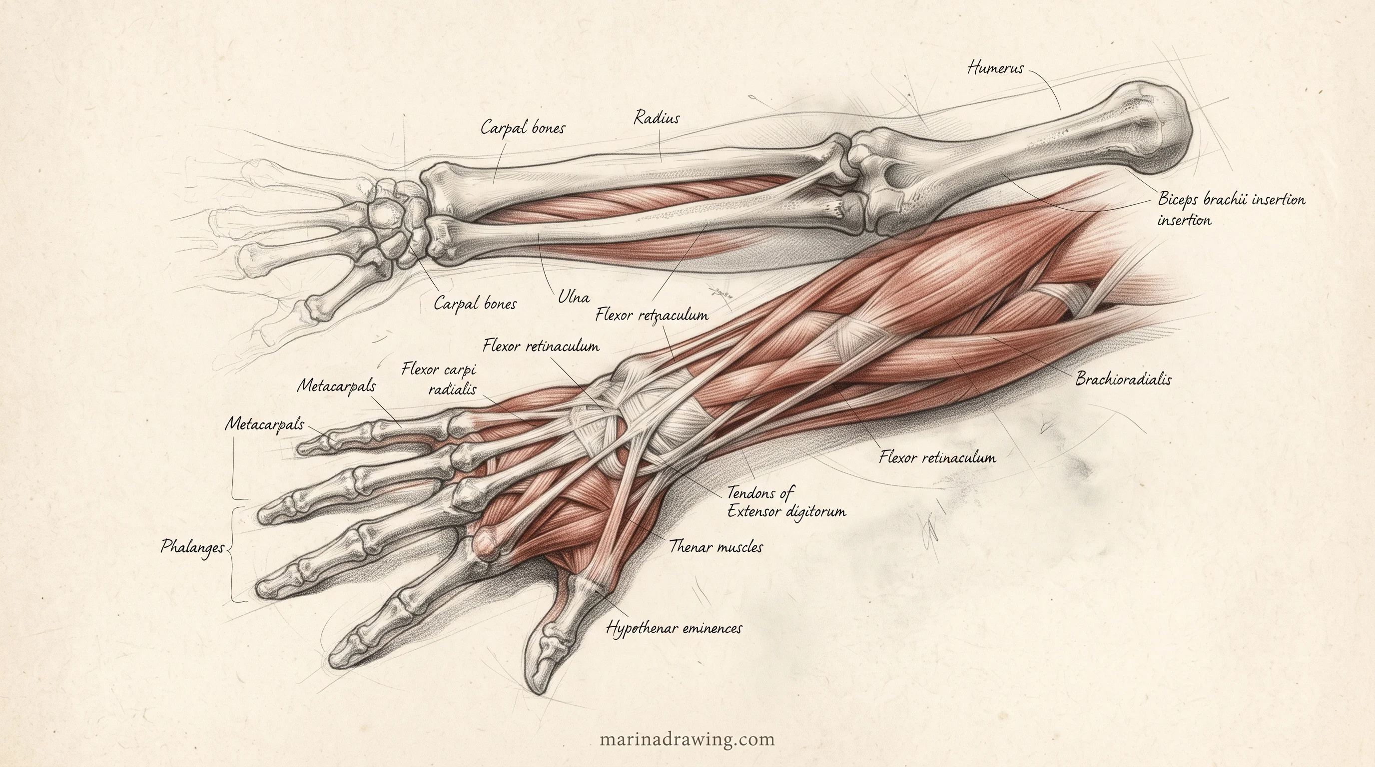 Anatomy drawing practice — hand study from one angle, step by step drawing