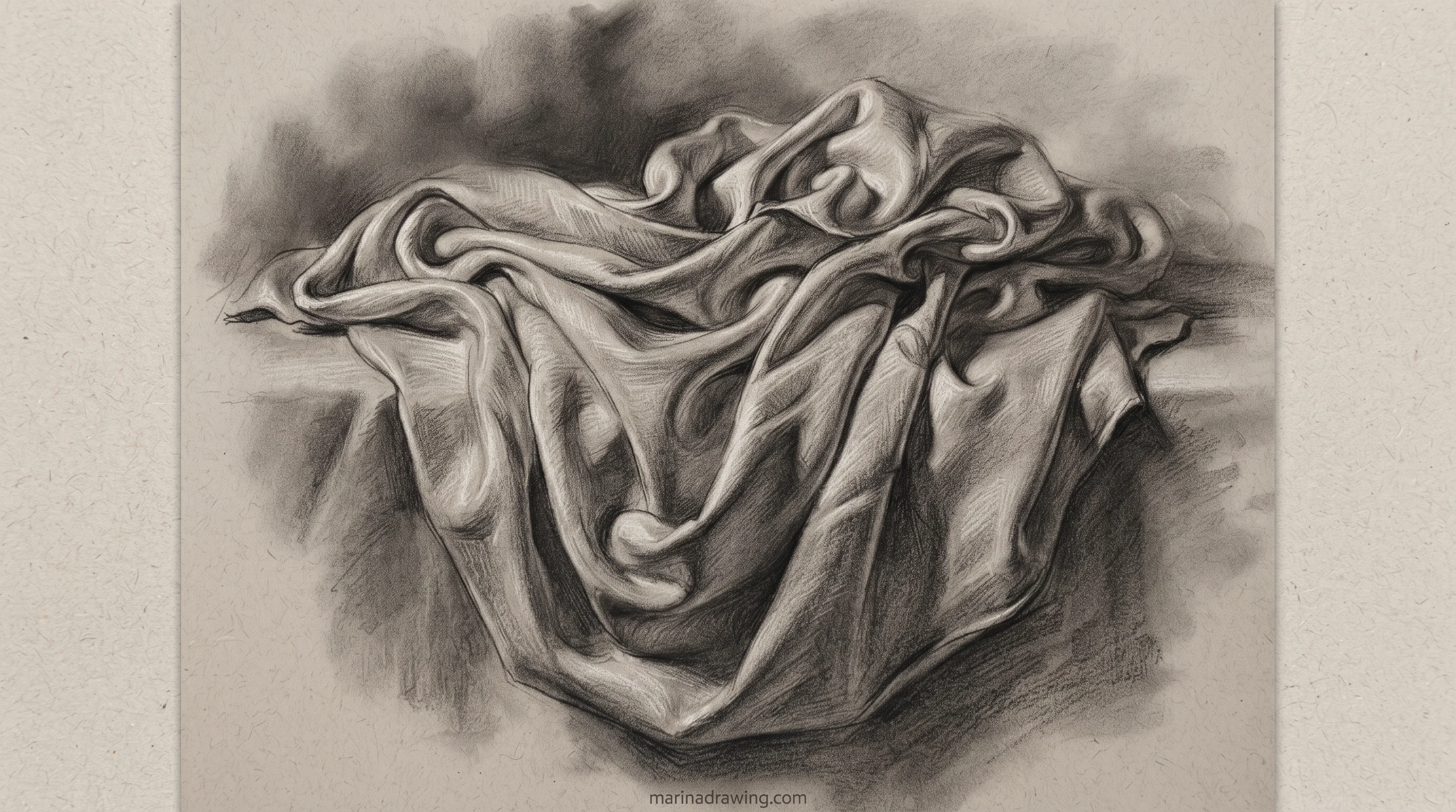 Anatomy drawing practice — draped fabric study showing folds over torso form, step by step drawing
