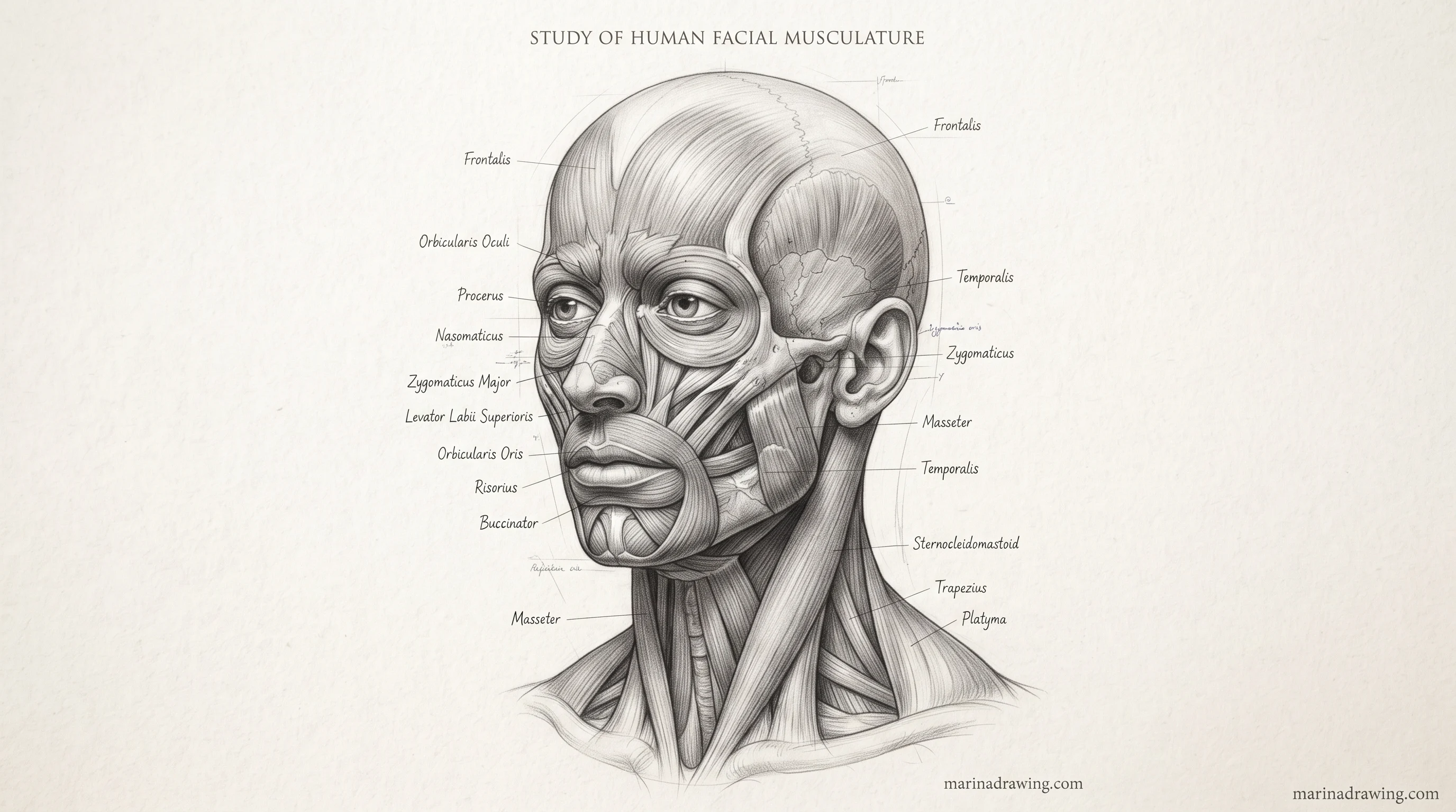 Anatomy drawing practice — facial musculature study mapping expression muscles, step by step drawing