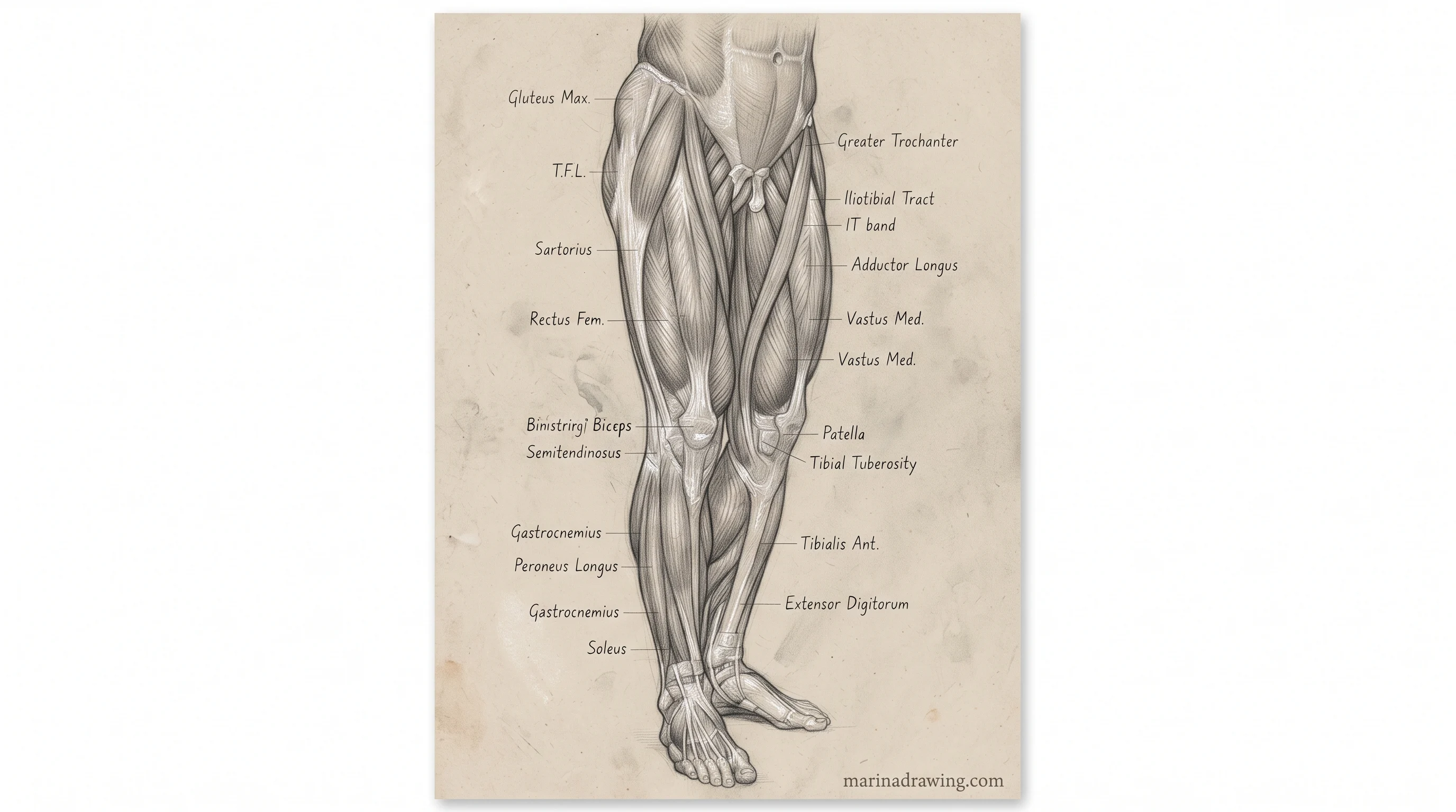 Anatomy drawing practice — leg and hip musculature study, step by step drawing