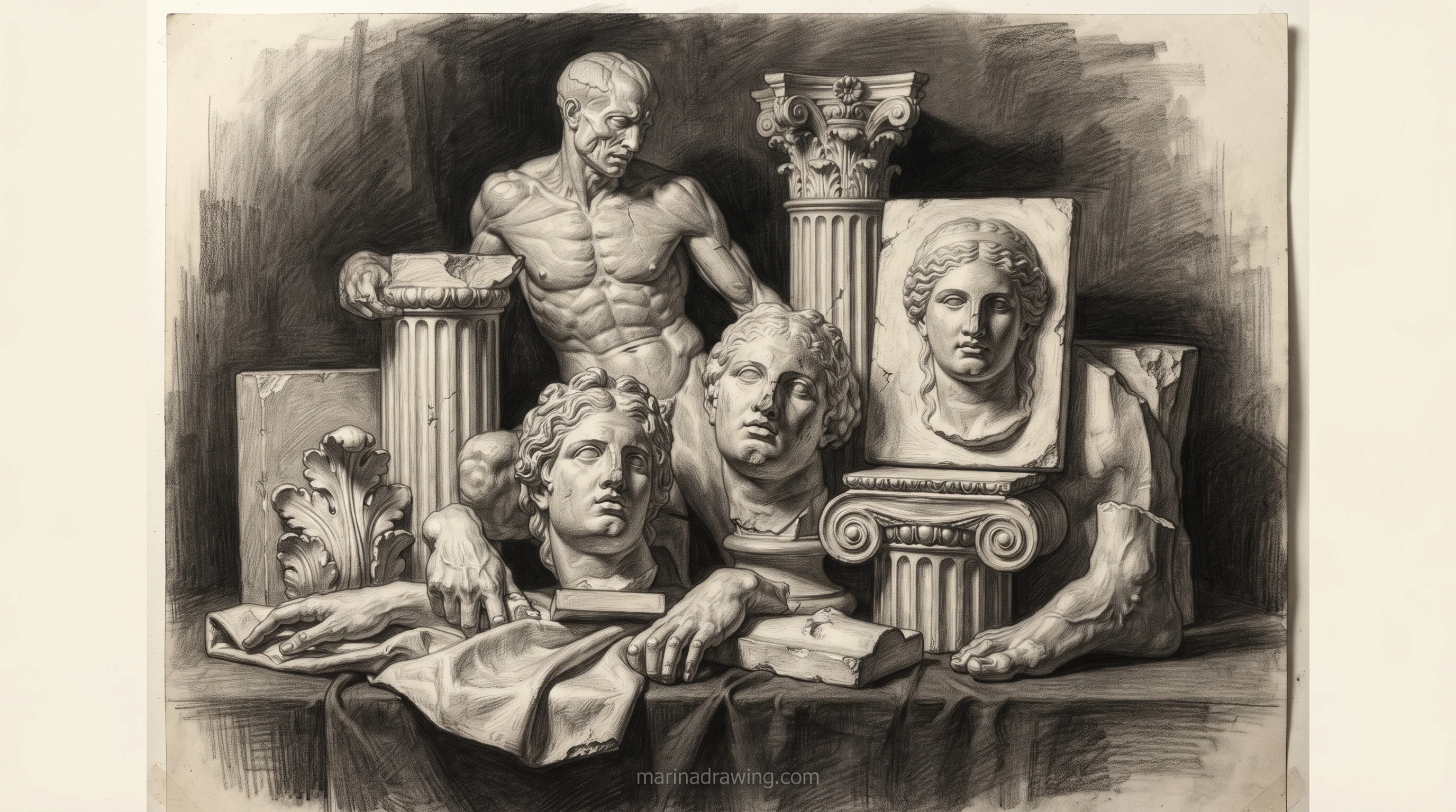 Anatomy drawing practice — a plaster anatomy cast used as study reference, step by step drawing