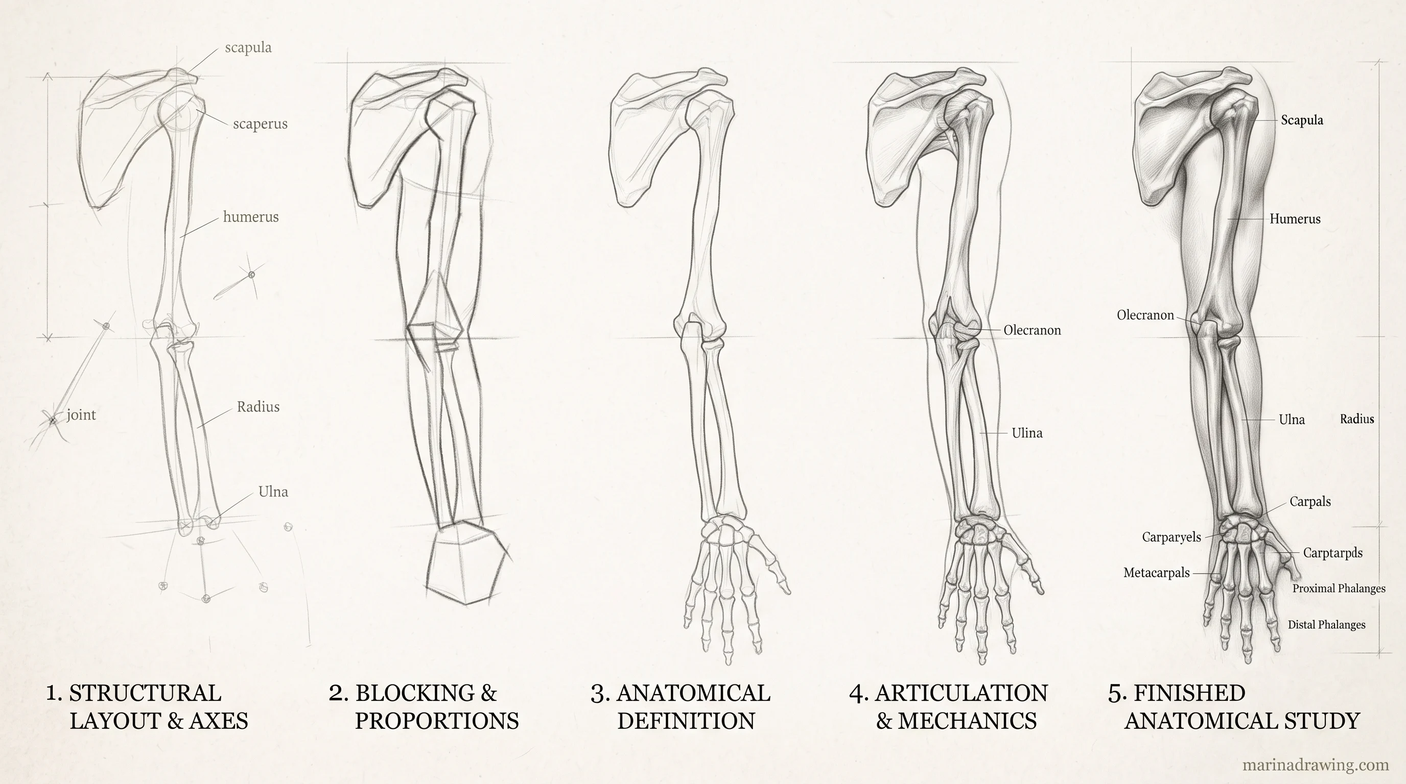 Anatomy drawing practice — skeletal construction study of an arm, step by step drawing
