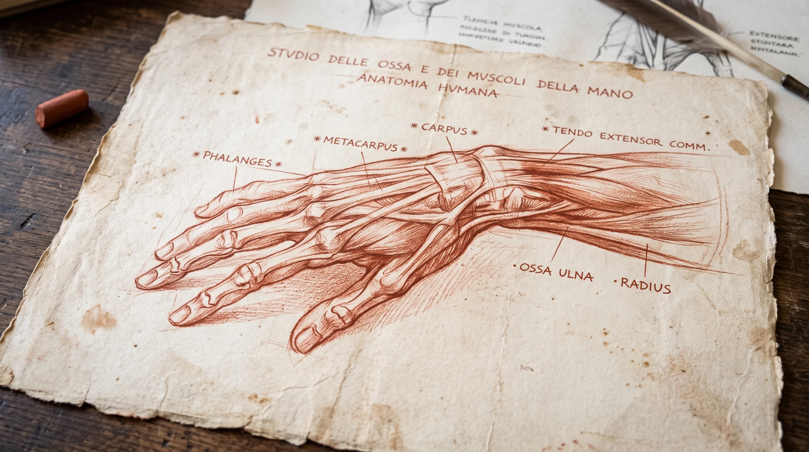 Hand anatomy study drawn in red chalk, bones and tendons labeled on aged paper