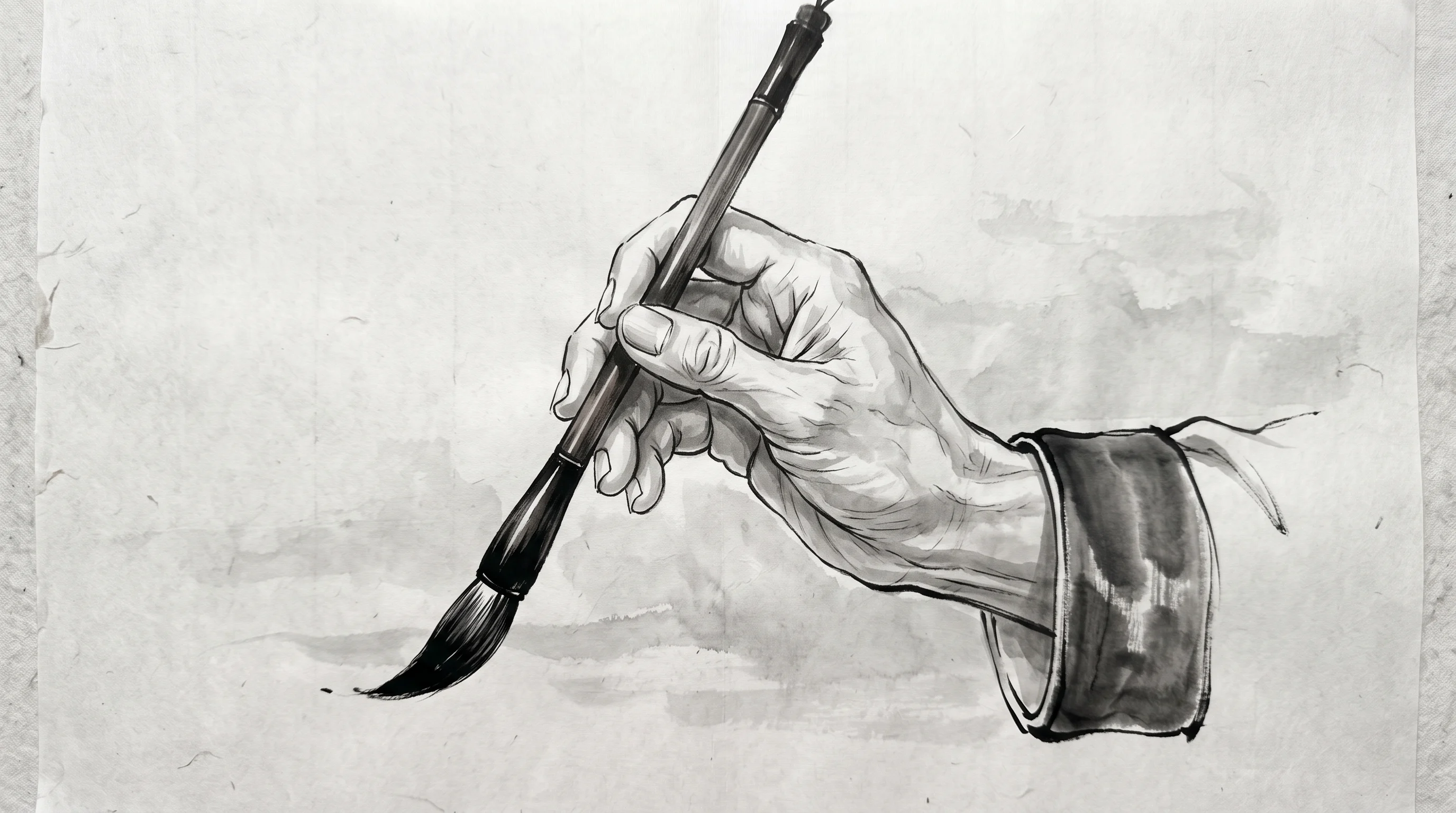 Hand holding a calligraphy brush drawn in ink wash style