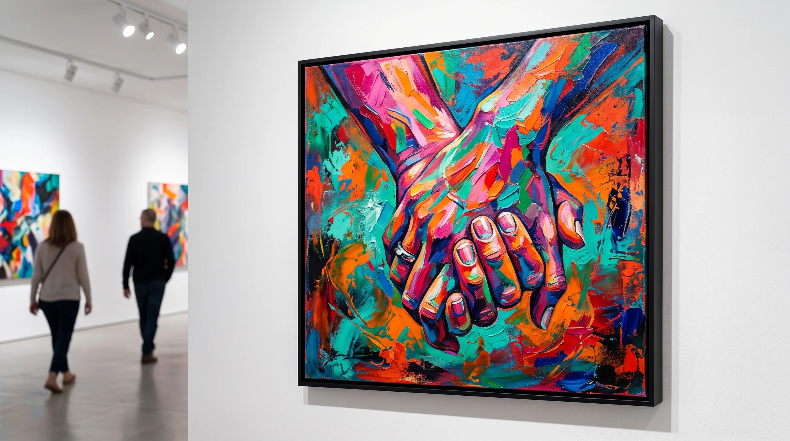Two hands intertwined, a vivid abstract painting displayed in a gallery