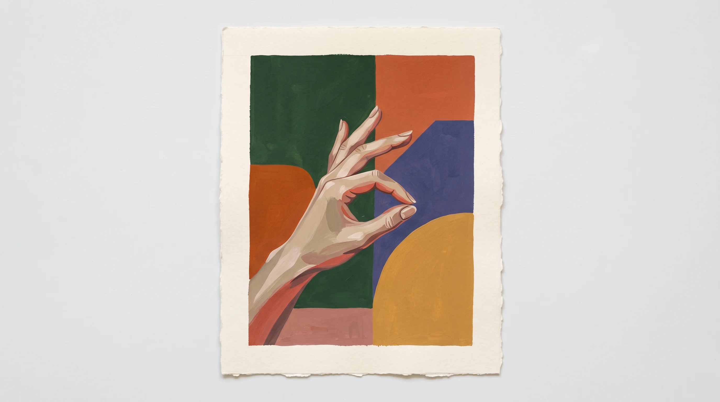 Hand in a graceful curled gesture painted in flat gouache color blocks