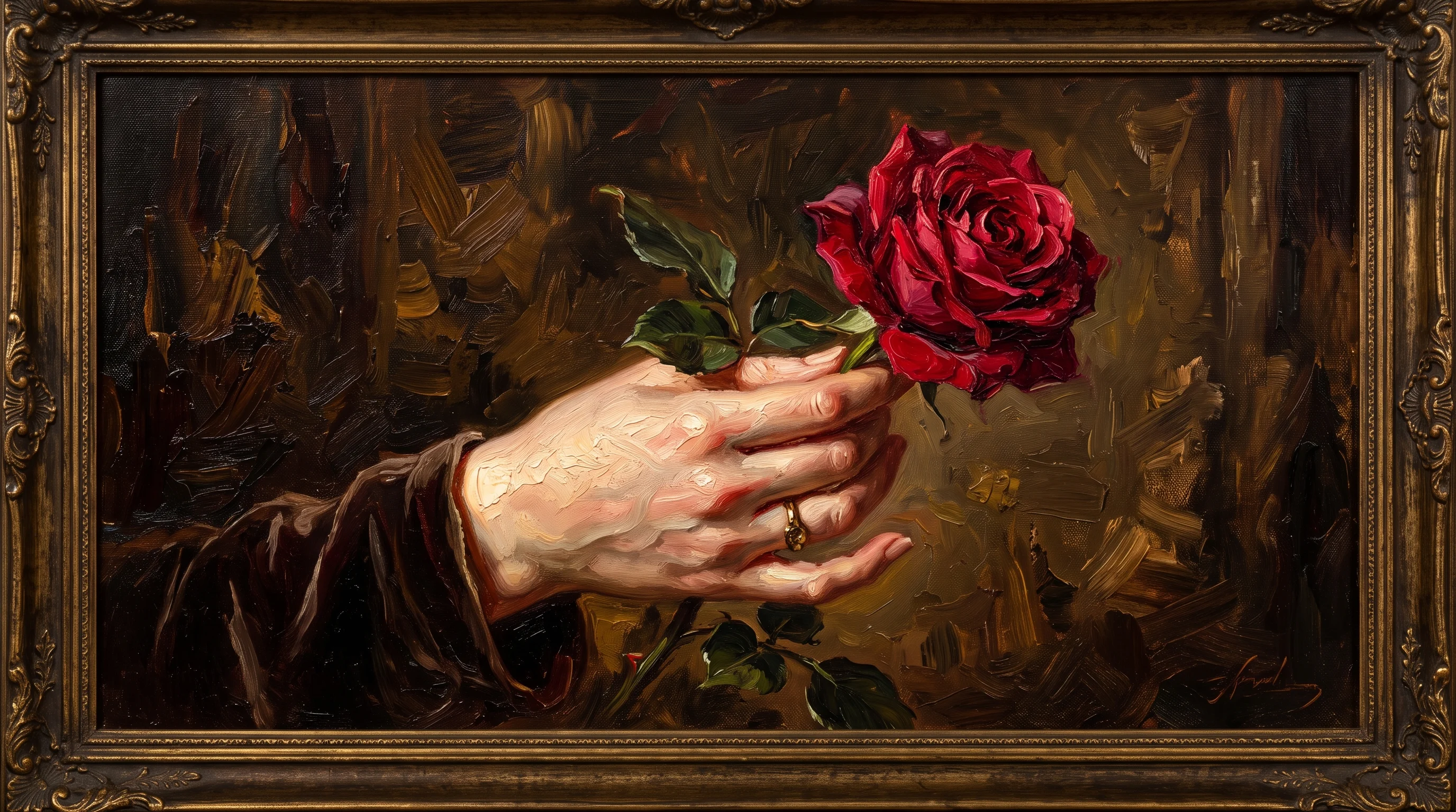 Hand holding a single red rose painted in a classical oil portrait style