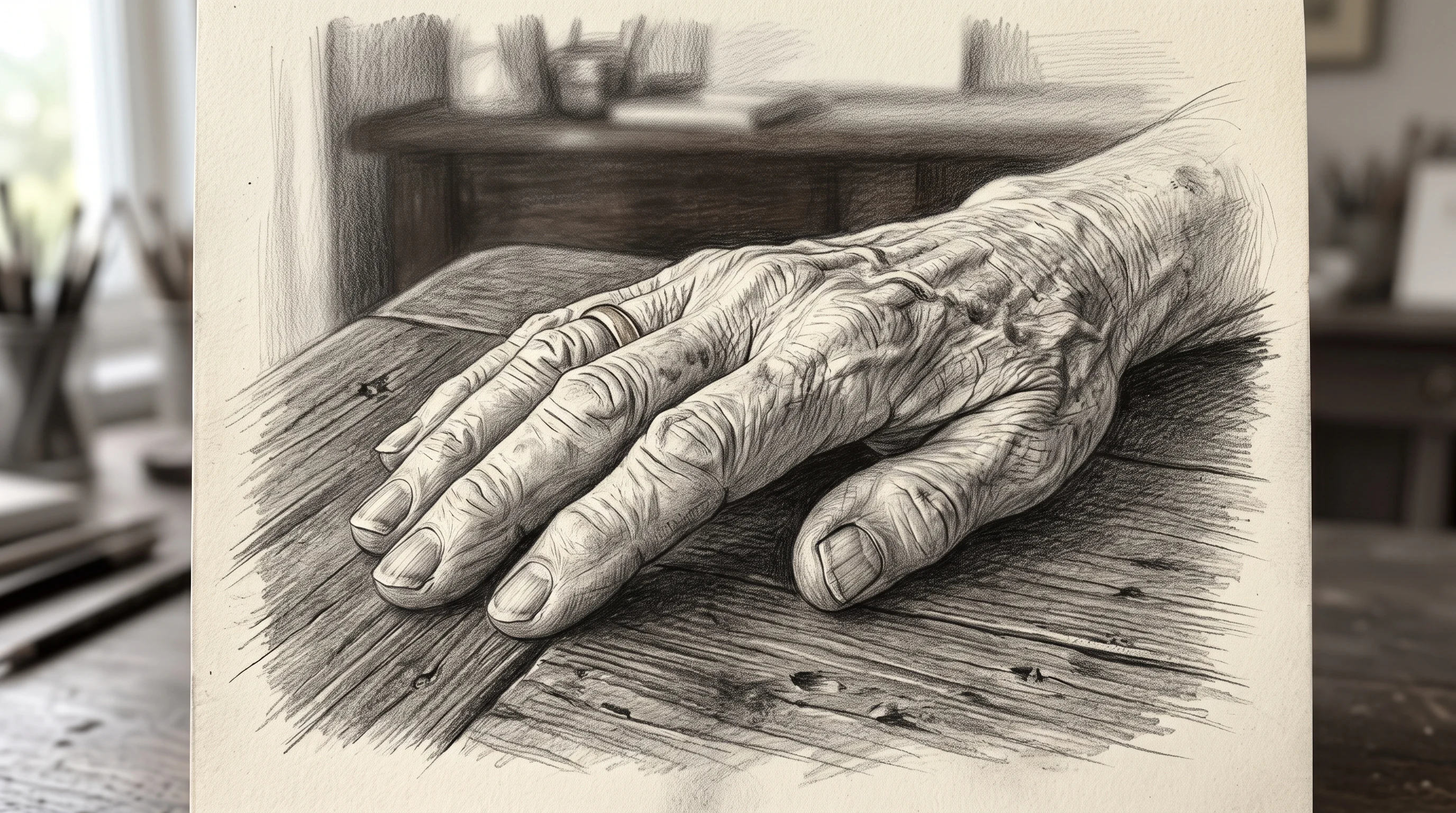 Weathered hand resting on a wooden table drawn in fine graphite pencil