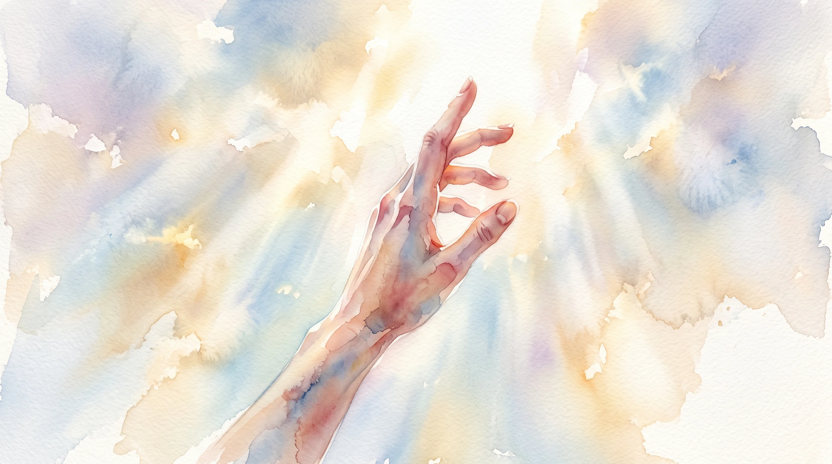Hand reaching toward light painted loosely in soft watercolor